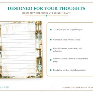 K&ouml;nnte beinhalten: Eine rechteckige Tagebuchseite mit horizontalen Linien, umrahmt von Illustrationen industrieller Maschinen in Sepia- und Blaugr&uuml;nt&ouml;nen. Der Text lautet: DESIGNED FOR YOUR THOUGHTS, ROOM TO WRITE WITHOUT LOSING THE ART, 13 unique journal page designs, Generous lined writing space, Room for notes, memories, and reflection, Artwork frames rather than crowds the page, Ready for print or digital annotation, SEPIA JADE, ILLUSTRATED EXPERIENCES OF WONDER.
