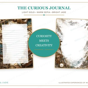 May include: The Curious Journal stationery set features two rectangular pages with gold borders. One page has horizontal lines over a vintage travel-themed background. The other features a mountain landscape border. A central jade circle reads Curiosity Meets Creativity.