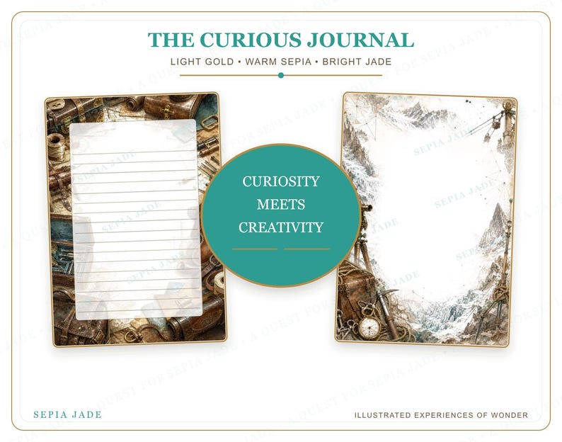 May include: The Curious Journal stationery set features two rectangular pages with gold borders. One page has horizontal lines over a vintage travel-themed background. The other features a mountain landscape border. A central jade circle reads Curiosity Meets Creativity.