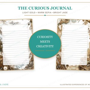 K&ouml;nnte beinhalten: Zwei rechteckige Journal-Seiten mit linierten Schreibfl&auml;chen, umrahmt von detaillierten Illustrationen in warmen Sepia- und Goldt&ouml;nen. Ein zentraler jadegr&uuml;ner Kreis enth&auml;lt den Text CURIOSITY MEETS CREATIVITY. Die Kopfzeile lautet THE CURIOUS JOURNAL.