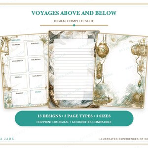 Op de afbeelding: Een digitale briefpapier-set getiteld VOYAGES ABOVE AND BELOW, met drie papierontwerpen met nautische en steampunk-illustraties. De set bevat een weekplanner, een gelinieerde pagina en een pagina met een decoratieve rand.