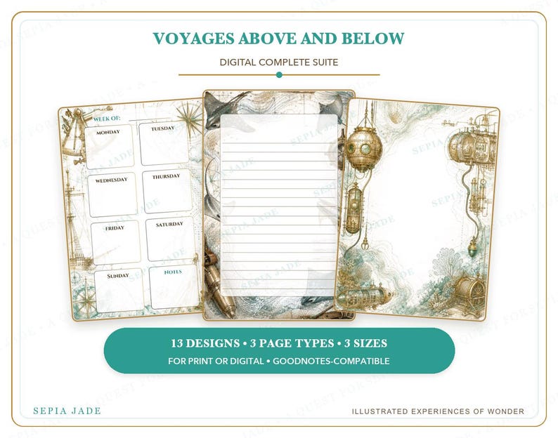 Op de afbeelding: Een digitale briefpapier-set getiteld VOYAGES ABOVE AND BELOW, met drie papierontwerpen met nautische en steampunk-illustraties. De set bevat een weekplanner, een gelinieerde pagina en een pagina met een decoratieve rand.