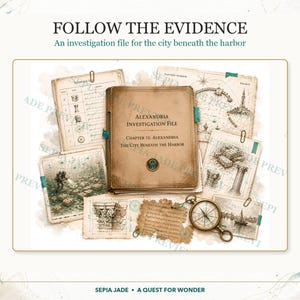 May include: A tan investigation file titled Alexandria Investigation File Chapter 11: The City Beneath the Harbor, surrounded by vintage-style documents, architectural sketches, a compass, and a diver illustration, all featuring sepia tones.