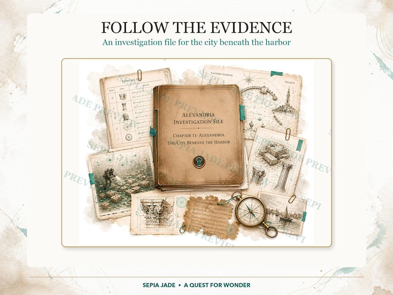 May include: A tan investigation file titled Alexandria Investigation File Chapter 11: The City Beneath the Harbor, surrounded by vintage-style documents, architectural sketches, a compass, and a diver illustration, all featuring sepia tones.