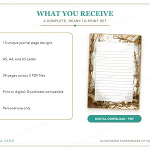 K&ouml;nnte beinhalten: Ein digitaler Download-Satz mit 13 Journal-Seitendesigns mit nautischem Thema. Der Text lautet WHAT YOU RECEIVE, A COMPLETE, READY-TO-PRINT SET, 13 unique journal page designs, A5, A4, and US Letter, 39 pages across 3 PDF files, Print or digital; Goodnotes-compatible, Personal use only, und DIGITAL DOWNLOAD &bull; PDF.