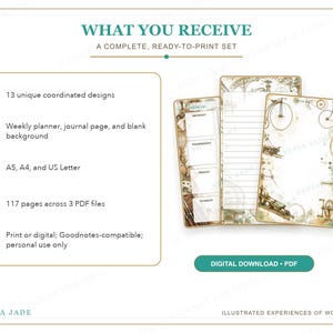 May include: A digital planner set featuring 13 coordinated designs with vintage-style illustrations. The set includes a weekly planner, journal pages, and blank backgrounds in A5, A4, and US Letter sizes, totaling 117 pages across 3 PDF files.