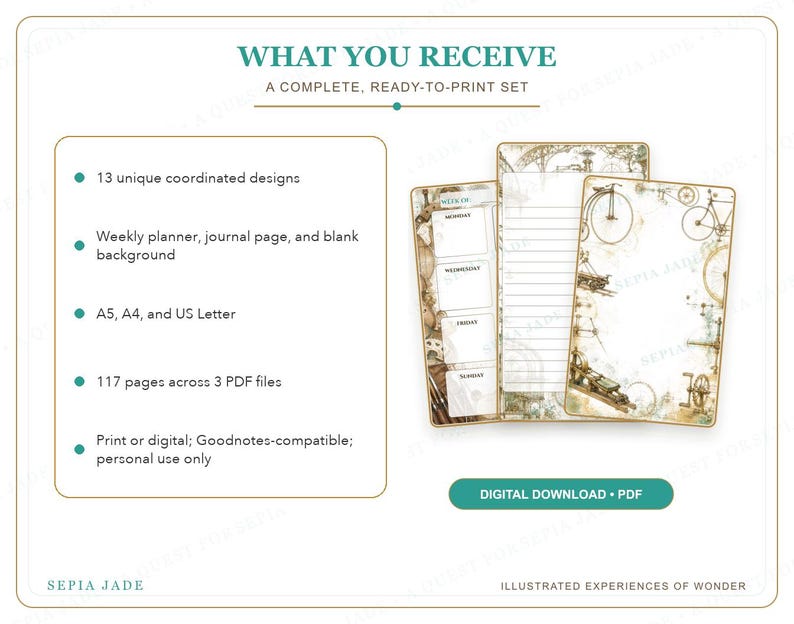 May include: A digital planner set featuring 13 coordinated designs with vintage-style illustrations. The set includes a weekly planner, journal pages, and blank backgrounds in A5, A4, and US Letter sizes, totaling 117 pages across 3 PDF files.