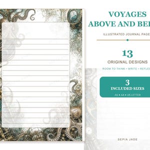 K&ouml;nnte beinhalten: Eine linierte Journal-Seite mit einem Rand aus Krakenarmen, einem Anker und einer Uhr. Der Text lautet: VOYAGES ABOVE AND BELOW, ILLUSTRATED JOURNAL PAGES, 13 ORIGINAL DESIGNS, ROOM TO THINK + WRITE + REFLECT, 3 INCLUDED SIZES, A5, A4, US LETTER.