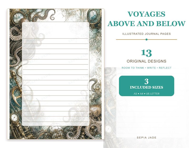 K&ouml;nnte beinhalten: Eine linierte Journal-Seite mit einem Rand aus Krakenarmen, einem Anker und einer Uhr. Der Text lautet: VOYAGES ABOVE AND BELOW, ILLUSTRATED JOURNAL PAGES, 13 ORIGINAL DESIGNS, ROOM TO THINK + WRITE + REFLECT, 3 INCLUDED SIZES, A5, A4, US LETTER.