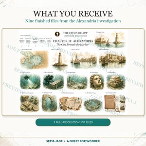 May include: A digital collection titled The Cities Below and Sepia Jade Investigation Chapter 11: Alexandria, The City Beneath the Harbor. It features nine illustrated files including a harbour map, lighthouse, ruins, statues, and documents in sepia tones.