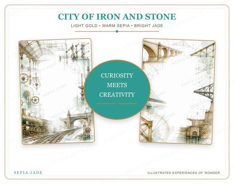 May include: Two rectangular cards featuring sepia-toned architectural illustrations of trains, bridges, and gears. The top text reads CITY OF IRON AND STONE, LIGHT GOLD, WARM SEPIA, BRIGHT JADE. A central jade circle displays CURIOSITY MEETS CREATIVITY.