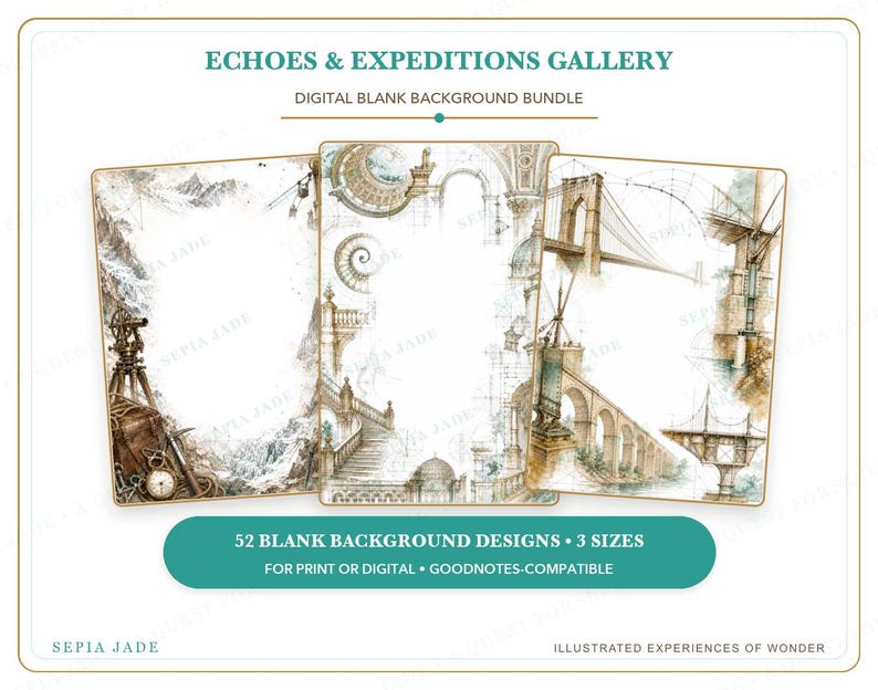 May include: A digital bundle titled Echoes & Expeditions Gallery featuring 52 blank background designs in 3 sizes. The designs display sepia-toned illustrations of mountains, surveying equipment, architectural staircases, and suspension bridges.
