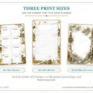 May include: Three printable planner pages in A5 (148 x 210 mm), A4 (210 x 297 mm), and US Letter (8.5 x 11 in) sizes. The designs feature sepia-toned illustrations of industrial machinery, windmills, and landscapes, including a weekly planner, lined journal page, and a decorative border page.