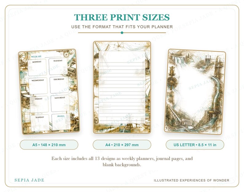 May include: Three printable planner pages in A5 (148 x 210 mm), A4 (210 x 297 mm), and US Letter (8.5 x 11 in) sizes. The designs feature sepia-toned illustrations of industrial machinery, windmills, and landscapes, including a weekly planner, lined journal page, and a decorative border page.