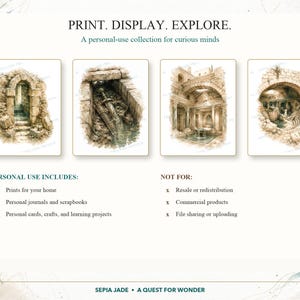 May include: A collection of four sepia-toned illustrations featuring ancient stone architecture, including an arched doorway, a sword in a stone passage, a colonnaded courtyard, and a domed ruin. Text reads: PRINT. DISPLAY. EXPLORE. A personal-use collection for curious minds.