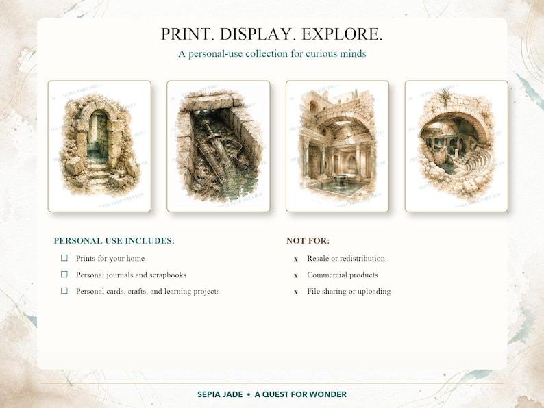 May include: A collection of four sepia-toned illustrations featuring ancient stone architecture, including an arched doorway, a sword in a stone passage, a colonnaded courtyard, and a domed ruin. Text reads: PRINT. DISPLAY. EXPLORE. A personal-use collection for curious minds.
