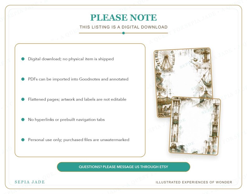 May include: A digital download listing featuring two rectangular pages with sepia-toned illustrations of carnival rides, including a Ferris wheel and carousel. The text reads: PLEASE NOTE, THIS LISTING IS A DIGITAL DOWNLOAD, and SEPIA JADE.