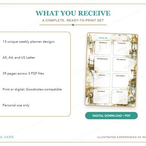 May include: A digital weekly planner set featuring 13 unique designs in A5, A4, and US Letter sizes. The set includes 39 pages across 3 PDF files, compatible with Goodnotes. The planner page displays a vintage-style illustration with a weekly layout.
