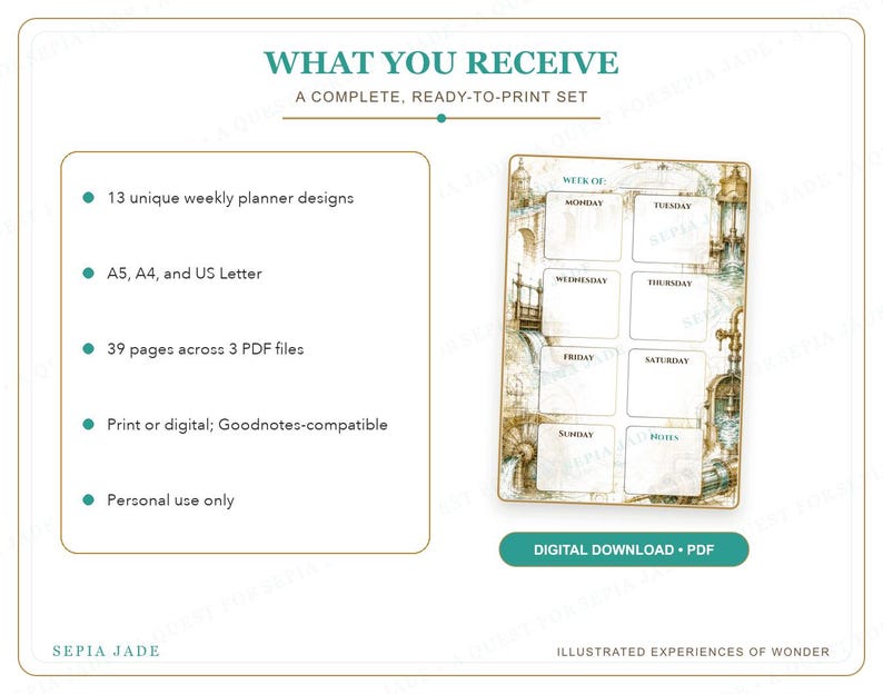 May include: A digital weekly planner set featuring 13 unique designs in A5, A4, and US Letter sizes. The set includes 39 pages across 3 PDF files, compatible with Goodnotes. The planner page displays a vintage-style illustration with a weekly layout.