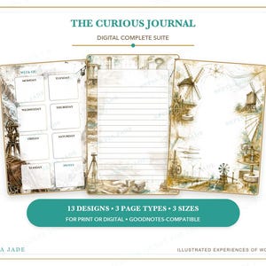 May include: A digital journal suite titled THE CURIOUS JOURNAL, DIGITAL COMPLETE SUITE. It features three page layouts with sepia-toned illustrations of windmills and surveying equipment, including a weekly planner, lined paper, and a decorative border.