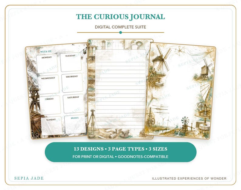May include: A digital journal suite titled THE CURIOUS JOURNAL, DIGITAL COMPLETE SUITE. It features three page layouts with sepia-toned illustrations of windmills and surveying equipment, including a weekly planner, lined paper, and a decorative border.