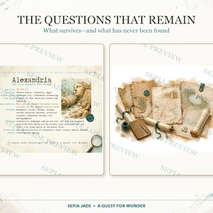 May include: A digital document titled THE QUESTIONS THAT REMAIN featuring a research file on Alexandria with text, a statue illustration, and a magnifying glass, alongside a collection of aged parchment scrolls and papers with sketches.