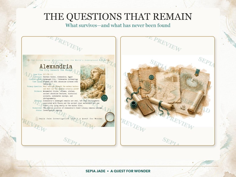 May include: A digital document titled THE QUESTIONS THAT REMAIN featuring a research file on Alexandria with text, a statue illustration, and a magnifying glass, alongside a collection of aged parchment scrolls and papers with sketches.
