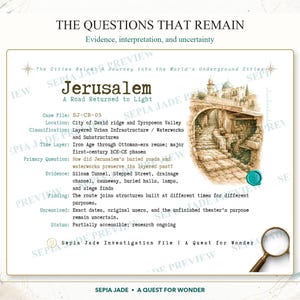 May include: A document titled The Questions That Remain featuring text about Jerusalem, a watercolor illustration of stone ruins, a teal wax seal, and a magnifying glass. The file details case SJ-CB-05, covering urban infrastructure, historical layers, and archaeological evidence like the Siloam Tunnel.