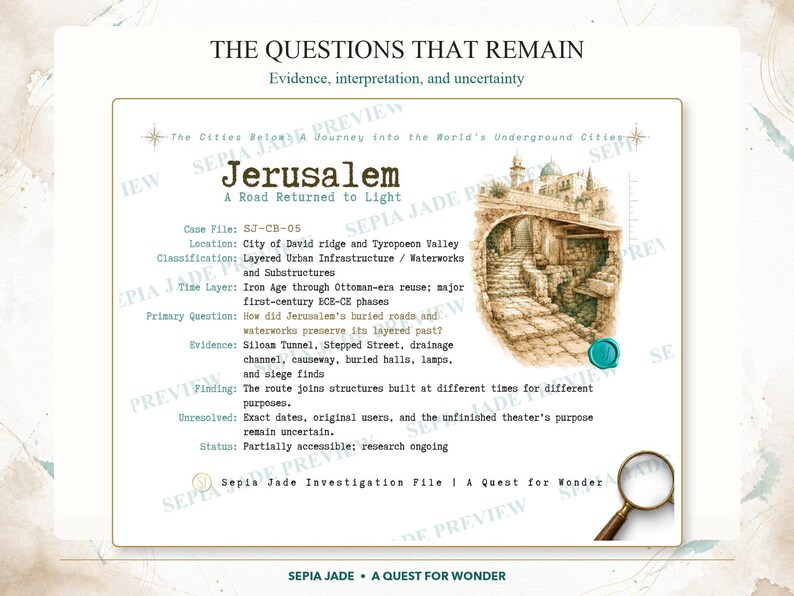 May include: A document titled The Questions That Remain featuring text about Jerusalem, a watercolor illustration of stone ruins, a teal wax seal, and a magnifying glass. The file details case SJ-CB-05, covering urban infrastructure, historical layers, and archaeological evidence like the Siloam Tunnel.