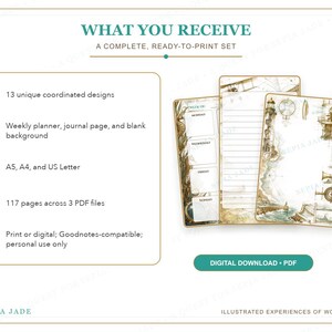 Op de afbeelding: Een digitale downloadset met 13 geco&ouml;rdineerde ontwerpen, waaronder een weekplanner, dagboekpagina en een lege achtergrond. De set bevat 117 pagina's in A5, A4 en US Letter-formaten met nautische illustraties in sepia-tinten.
