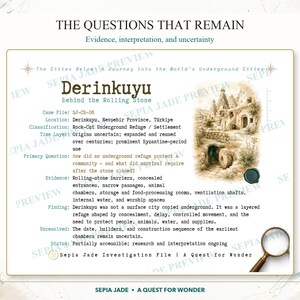 May include: A document titled The Questions That Remain featuring a case file on Derinkuyu. It includes text about rock-cut underground refuges, a sepia-toned illustration of stone dwellings, a wax seal, and a magnifying glass in the corner.