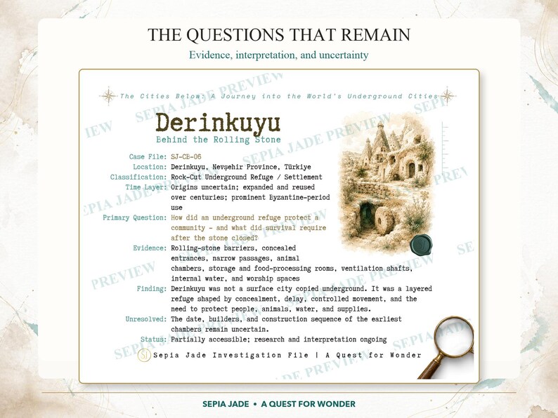 May include: A document titled The Questions That Remain featuring a case file on Derinkuyu. It includes text about rock-cut underground refuges, a sepia-toned illustration of stone dwellings, a wax seal, and a magnifying glass in the corner.