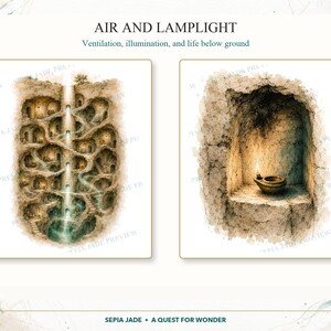 May include: Two illustrations titled AIR AND LAMPLIGHT: Ventilation, illumination, and life below ground. The left shows a multi-level underground dwelling with a central waterfall. The right shows a lit oil lamp inside a stone alcove.