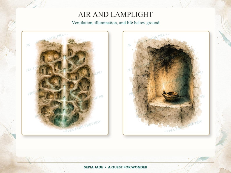 May include: Two illustrations titled AIR AND LAMPLIGHT: Ventilation, illumination, and life below ground. The left shows a multi-level underground dwelling with a central waterfall. The right shows a lit oil lamp inside a stone alcove.