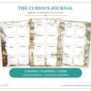 May include: Three weekly planner pages from The Curious Journal collection featuring vintage-style illustrations of scientific instruments and botanical elements. Each page includes a header for the week, daily boxes for Monday through Sunday, and a notes section.