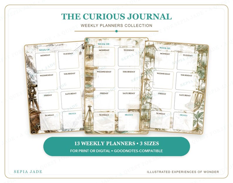 May include: Three weekly planner pages from The Curious Journal collection featuring vintage-style illustrations of scientific instruments and botanical elements. Each page includes a header for the week, daily boxes for Monday through Sunday, and a notes section.