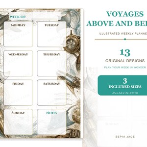 May include: A weekly planner page titled VOYAGES ABOVE AND BELOW with 13 original designs and 3 included sizes: A5, A4, and US Letter. The layout features a grid for Monday through Sunday and a notes section, decorated with vintage nautical illustrations.