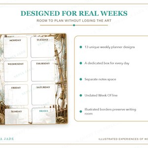 May include: A weekly planner page featuring a nautical theme with ship rigging and ropes in the borders. The layout includes boxes for Monday through Sunday and a notes section. Text reads: DESIGNED FOR REAL WEEKS, ROOM TO PLAN WITHOUT LOSING THE ART, SEPIA JADE, ILLUSTRATED EXPERIENCES OF WONDER.