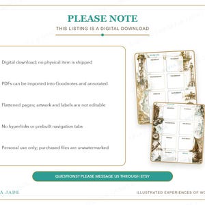 May include: A digital download listing featuring two weekly planner pages with vintage-style illustrations. Text includes PLEASE NOTE, THIS LISTING IS A DIGITAL DOWNLOAD, and details about PDF usage, flattened pages, and personal use. SEPIA JADE is at the bottom.