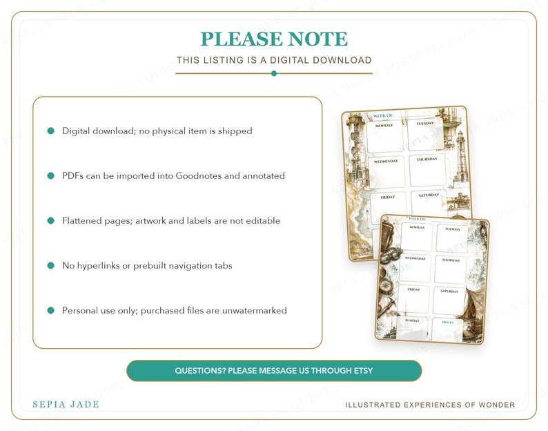May include: A digital download listing featuring two weekly planner pages with vintage-style illustrations. Text includes PLEASE NOTE, THIS LISTING IS A DIGITAL DOWNLOAD, and details about PDF usage, flattened pages, and personal use. SEPIA JADE is at the bottom.