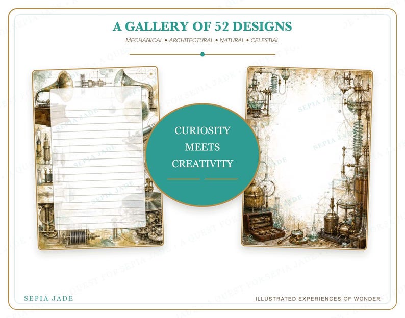 May include: Two rectangular stationery sheets featuring sepia-toned illustrations of mechanical and scientific apparatus. The left sheet has horizontal lines, while the right is blank. A central teal circle displays the text CURIOSITY MEETS CREATIVITY.