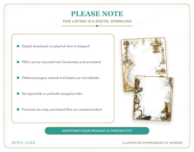 Pu&ograve; includere: Un foglio informativo per il download digitale con il testo PLEASE NOTE THIS LISTING IS A DIGITAL DOWNLOAD e un elenco di funzionalit&agrave;. Sono mostrate due pagine rettangolari con illustrazioni nautiche vintage di fari, navi e bussole.