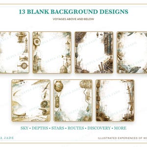 Pu&ograve; includere: Una collezione di 13 sfondi vuoti intitolata 13 BLANK BACKGROUND DESIGNS VOYAGES ABOVE AND BELOW. L'immagine mostra sette cornici rettangolari con illustrazioni color seppia di elementi nautici, aerei e meccanici.