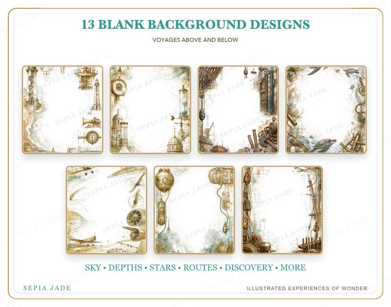 Pu&ograve; includere: Una collezione di 13 sfondi vuoti intitolata 13 BLANK BACKGROUND DESIGNS VOYAGES ABOVE AND BELOW. L'immagine mostra sette cornici rettangolari con illustrazioni color seppia di elementi nautici, aerei e meccanici.
