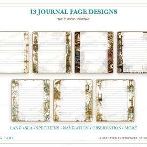 K&ouml;nnte beinhalten: Sieben rechteckige Journal-Seiten mit horizontalen Linien und dekorativen R&auml;ndern, die Vintage-Illustrationen von mechanischen Teilen, Werkzeugen, Windm&uuml;hlen und botanischen Elementen zeigen. Der Text lautet 13 JOURNAL PAGE DESIGNS, THE CURIOUS JOURNAL, LAND, SEA, SPECIMENS, NAVIGATION, OBSERVATION, MORE und SEPIA JADE.