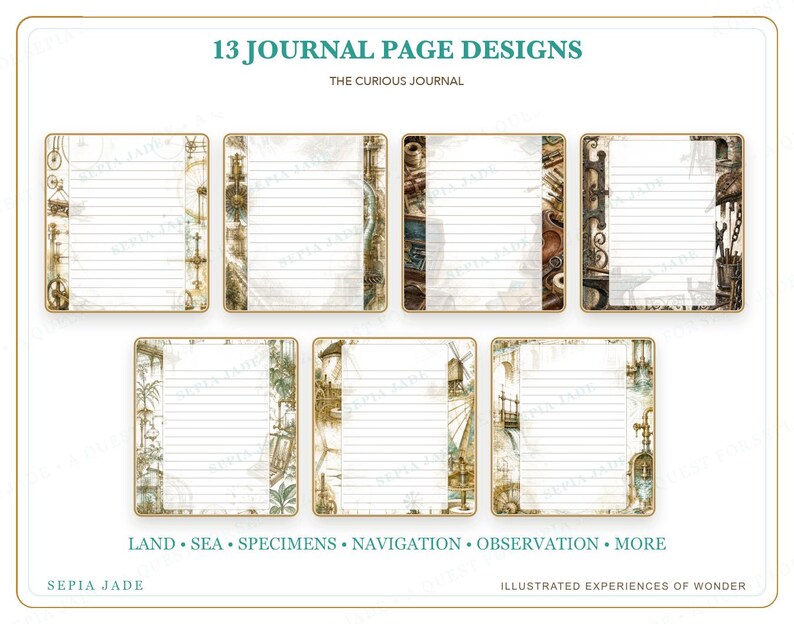 K&ouml;nnte beinhalten: Sieben rechteckige Journal-Seiten mit horizontalen Linien und dekorativen R&auml;ndern, die Vintage-Illustrationen von mechanischen Teilen, Werkzeugen, Windm&uuml;hlen und botanischen Elementen zeigen. Der Text lautet 13 JOURNAL PAGE DESIGNS, THE CURIOUS JOURNAL, LAND, SEA, SPECIMENS, NAVIGATION, OBSERVATION, MORE und SEPIA JADE.