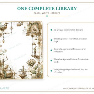 May include: A digital product titled ONE COMPLETE LIBRARY featuring 52 coordinated designs in A5, A4, and US Letter sizes. The image displays a decorative page border with sepia-toned illustrations of birds, gears, and flowers, alongside a list of features.