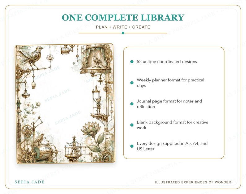 May include: A digital product titled ONE COMPLETE LIBRARY featuring 52 coordinated designs in A5, A4, and US Letter sizes. The image displays a decorative page border with sepia-toned illustrations of birds, gears, and flowers, alongside a list of features.