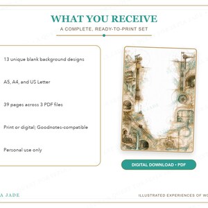 May include: A digital download set featuring 13 blank background designs in A5, A4, and US Letter sizes across 3 PDF files. The graphic displays a rectangular page with intricate, sepia-toned architectural illustrations and a teal button labeled DIGITAL DOWNLOAD PDF.