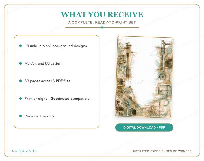 May include: A digital download set featuring 13 blank background designs in A5, A4, and US Letter sizes across 3 PDF files. The graphic displays a rectangular page with intricate, sepia-toned architectural illustrations and a teal button labeled DIGITAL DOWNLOAD PDF.